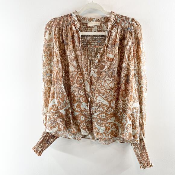 Ulla Johnson Ida Printed Cotton Blend Puff Sleeve Split-Neck Blouse Feldspar 2 - Picture 4 of 10